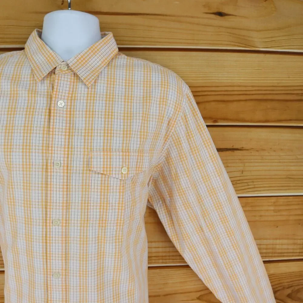 Banana Republic Dress Shirt Mens XL Orange Light Wash Plaid 100% Cotton‎ Pocket